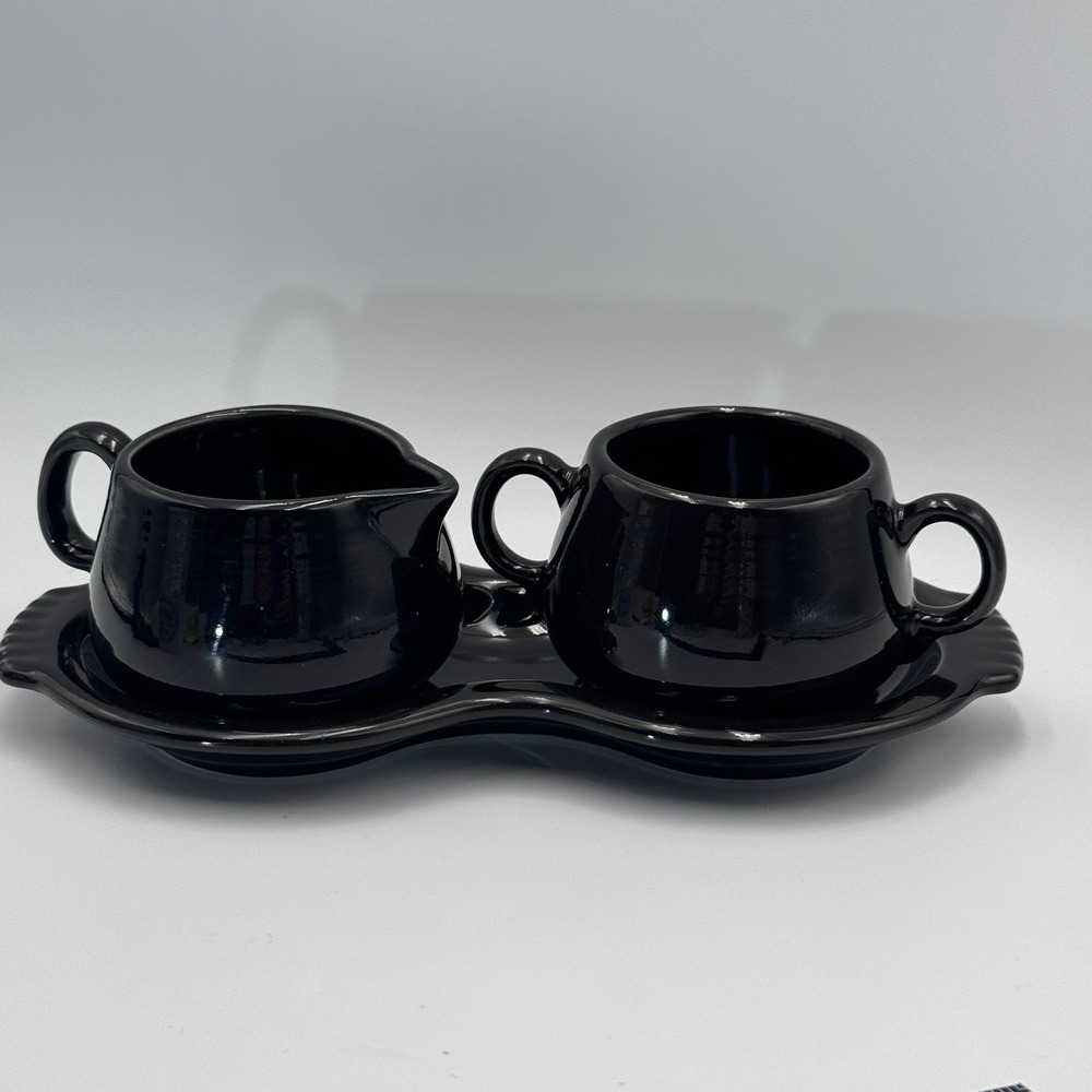 Fiesta Creamer and Sugar Set with Figure 8 Tray Black‎ Ceramic 3 Piece Set